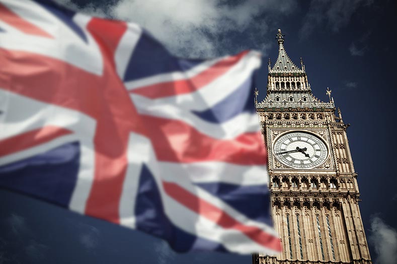 The Union Jack flag fluttering in front of Big Ben in London