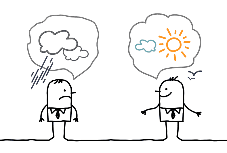 Cartoon of a pessimistic person and an optimistic person