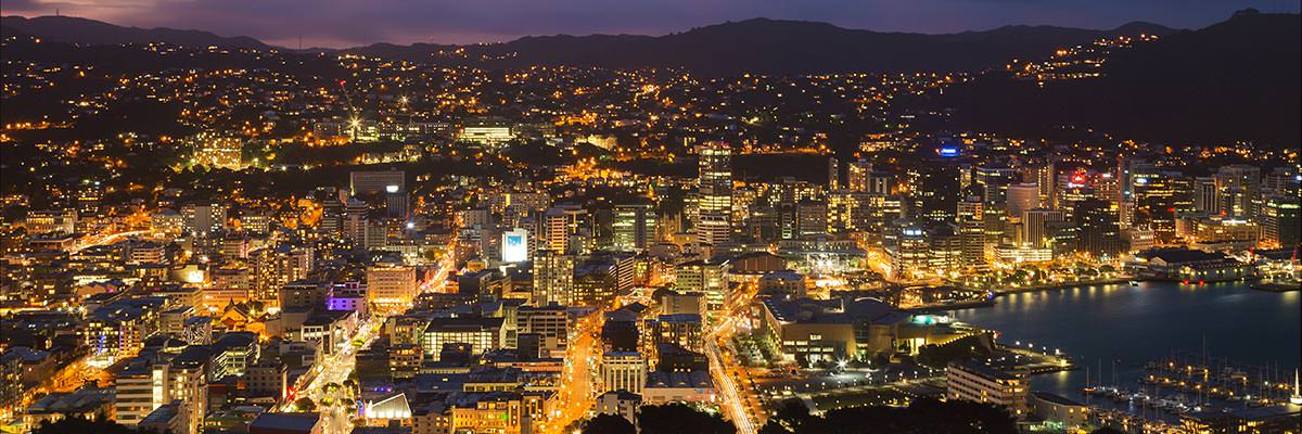 The lights of the Wellington CBD and waterfront at dusk