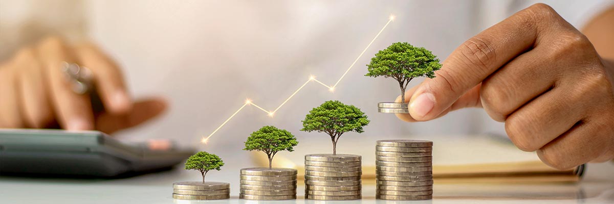 Person piling up ever taller stacks of coins, each with a tree sprouting from the top of it