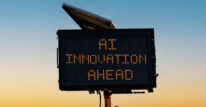 Road sign that reads 'AI innovation ahead'