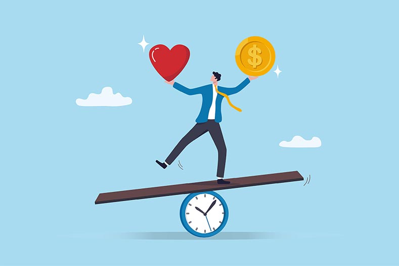 Cartoon - balancing relationships, money and time