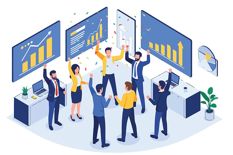 Cartoon of people celebrating success in the stock market