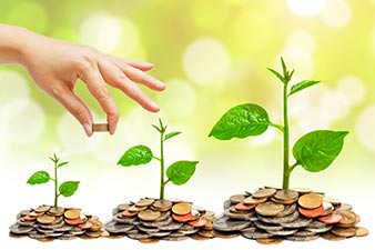 Green shoots sprouting from jars full of coins - more coins grow larger shoots